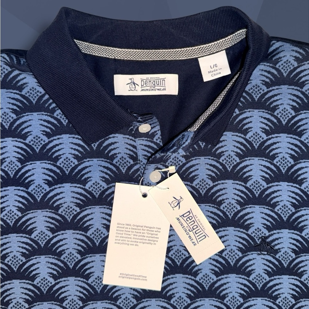 Original Penguin Palm Print Polo Shirt Men’s Large - NWT Dark Sapphire Blue - Picture 3 of 10